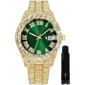 Men XL Face Gold Green Iced-Out Bling Diamond Luxury Quartz Watches with Date